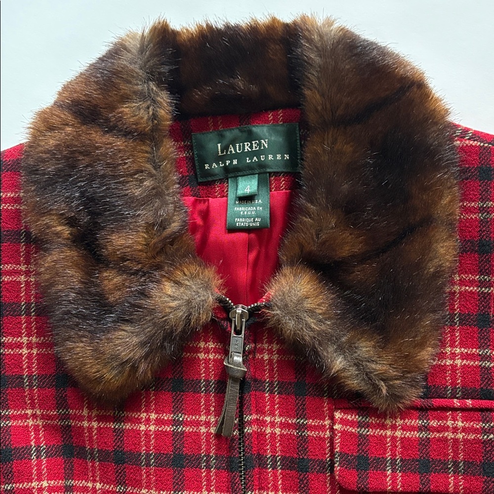 Ralph Lauren Red and Gold Plaid Jacket with Faux Fur Trim - Picture 2 of 4